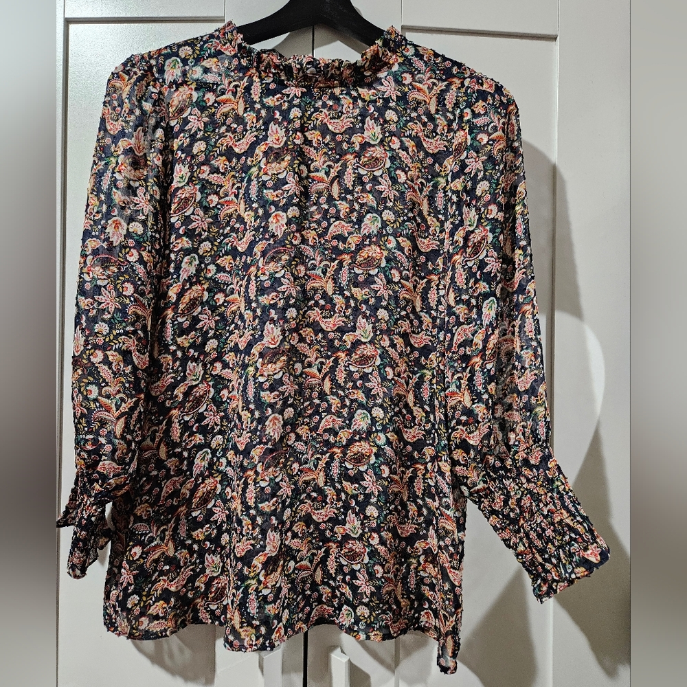 Dalia Navy Floral Paisley Blouse with Pink & Green Accents